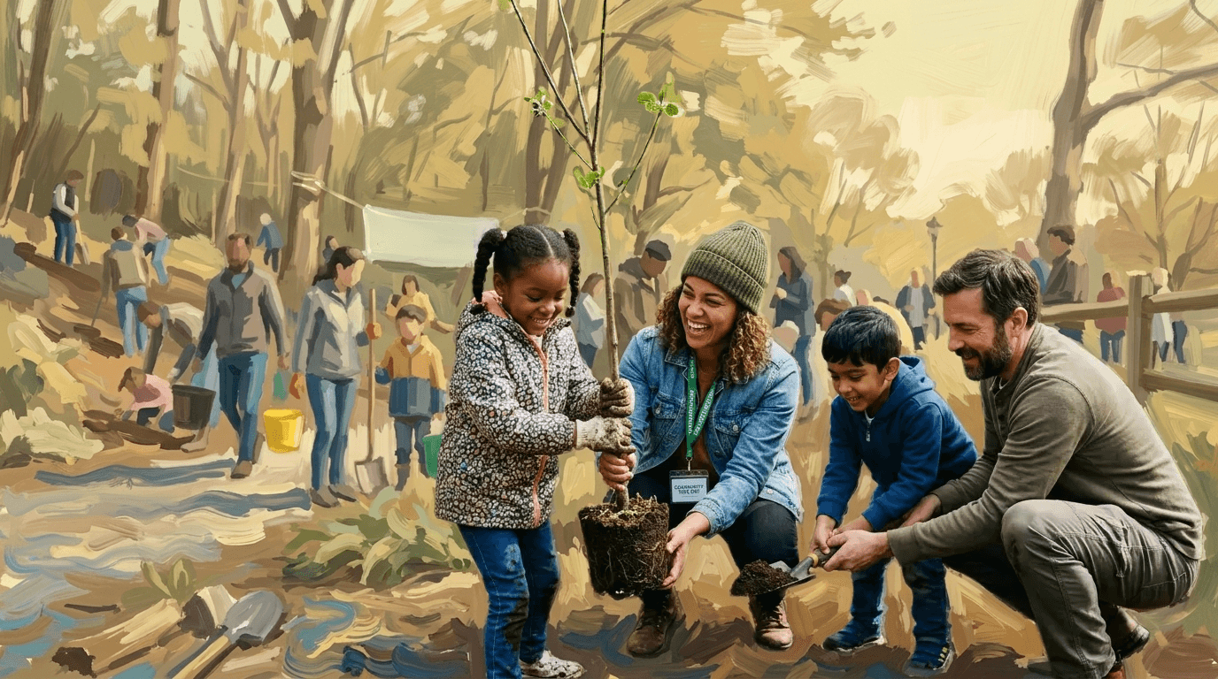 Community members planting trees together on a sunny day