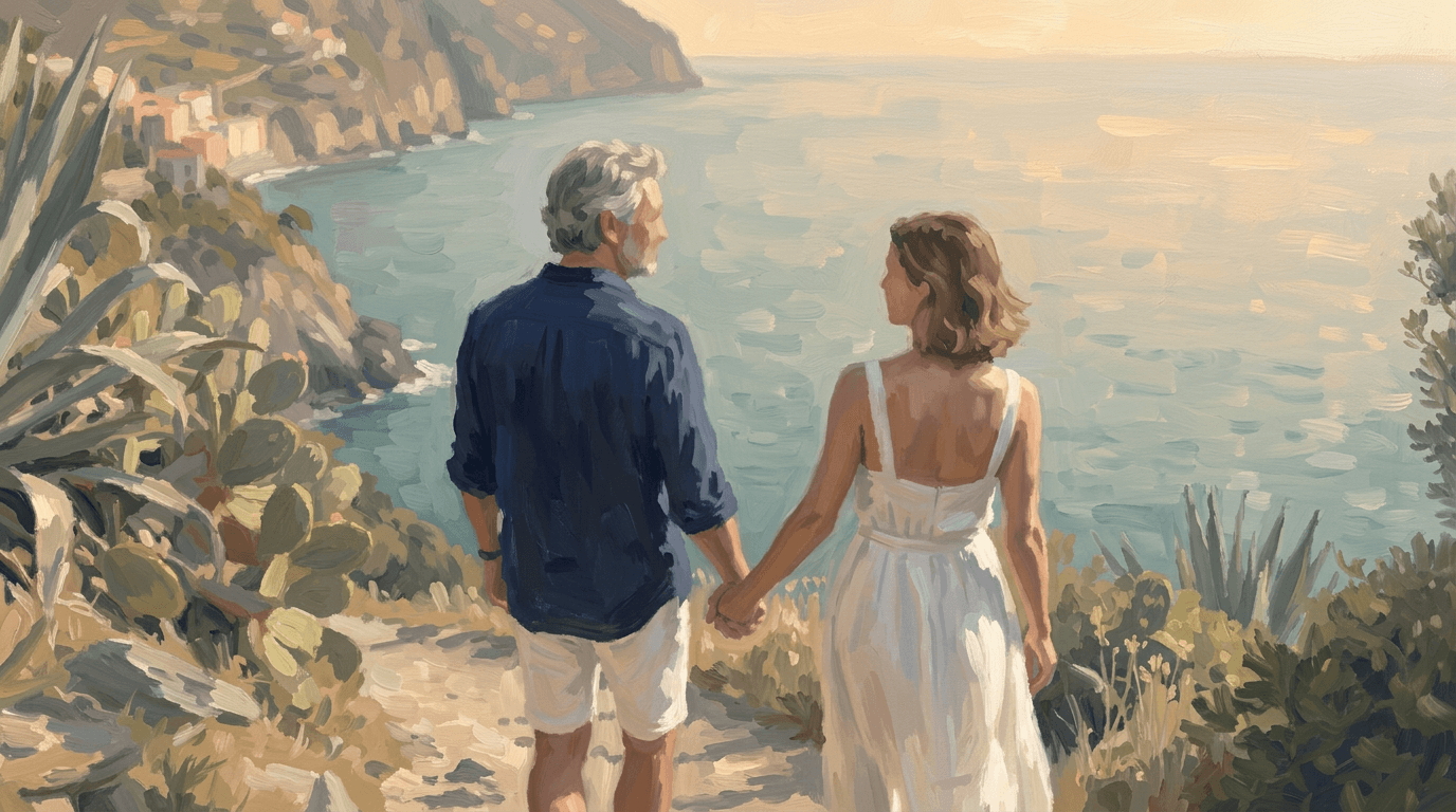 Painterly coastal scene with a couple looking out over the water