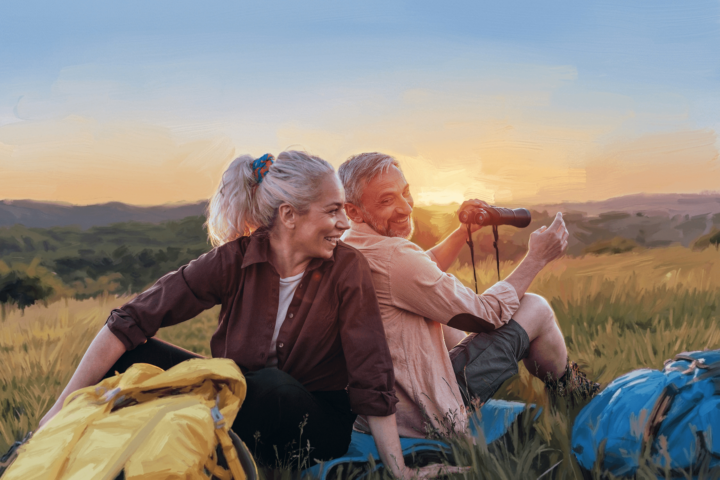 Painterly scene: a mature couple resting with hiking packs at sunset in tall grass