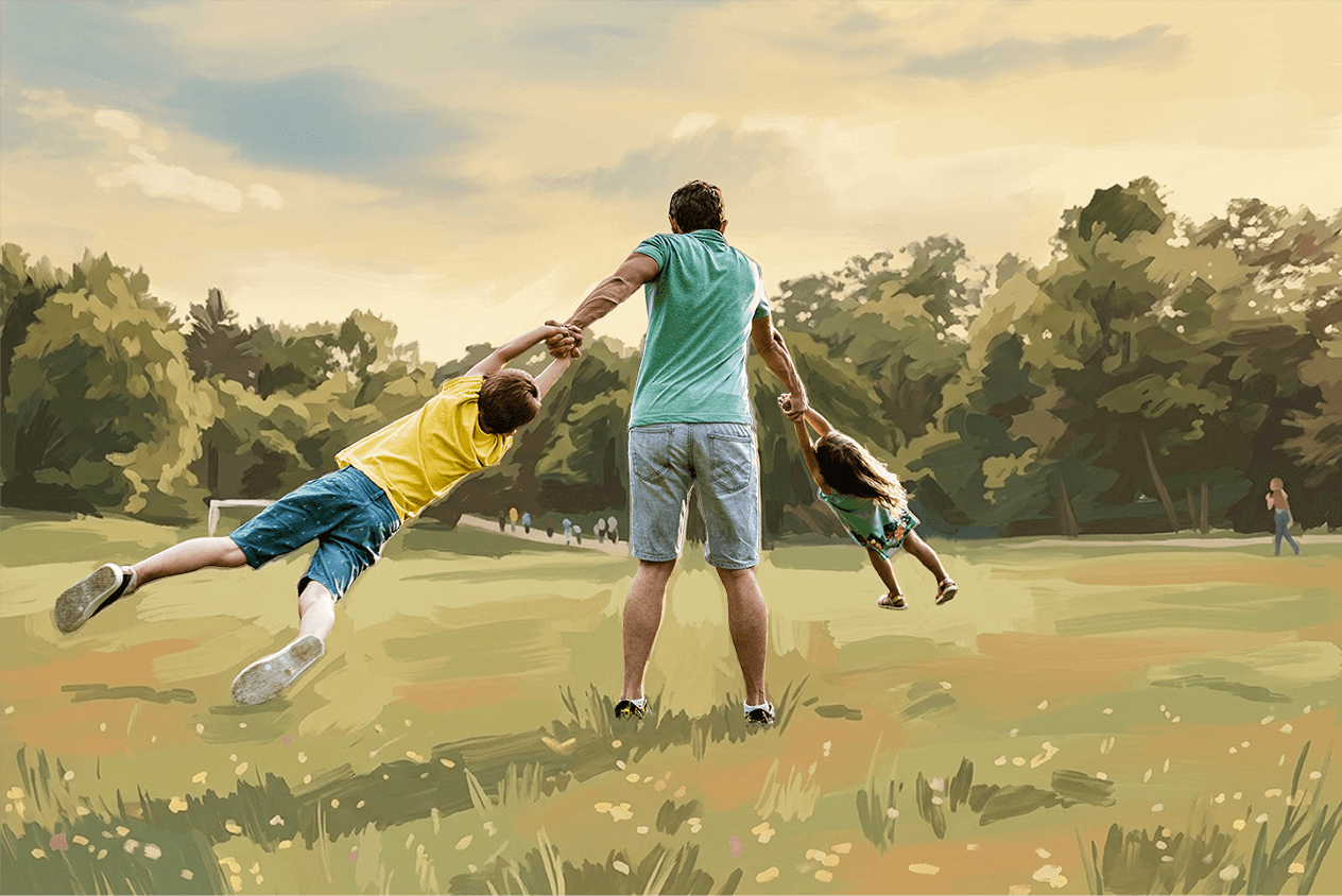 Painterly family walking through a sunlit field