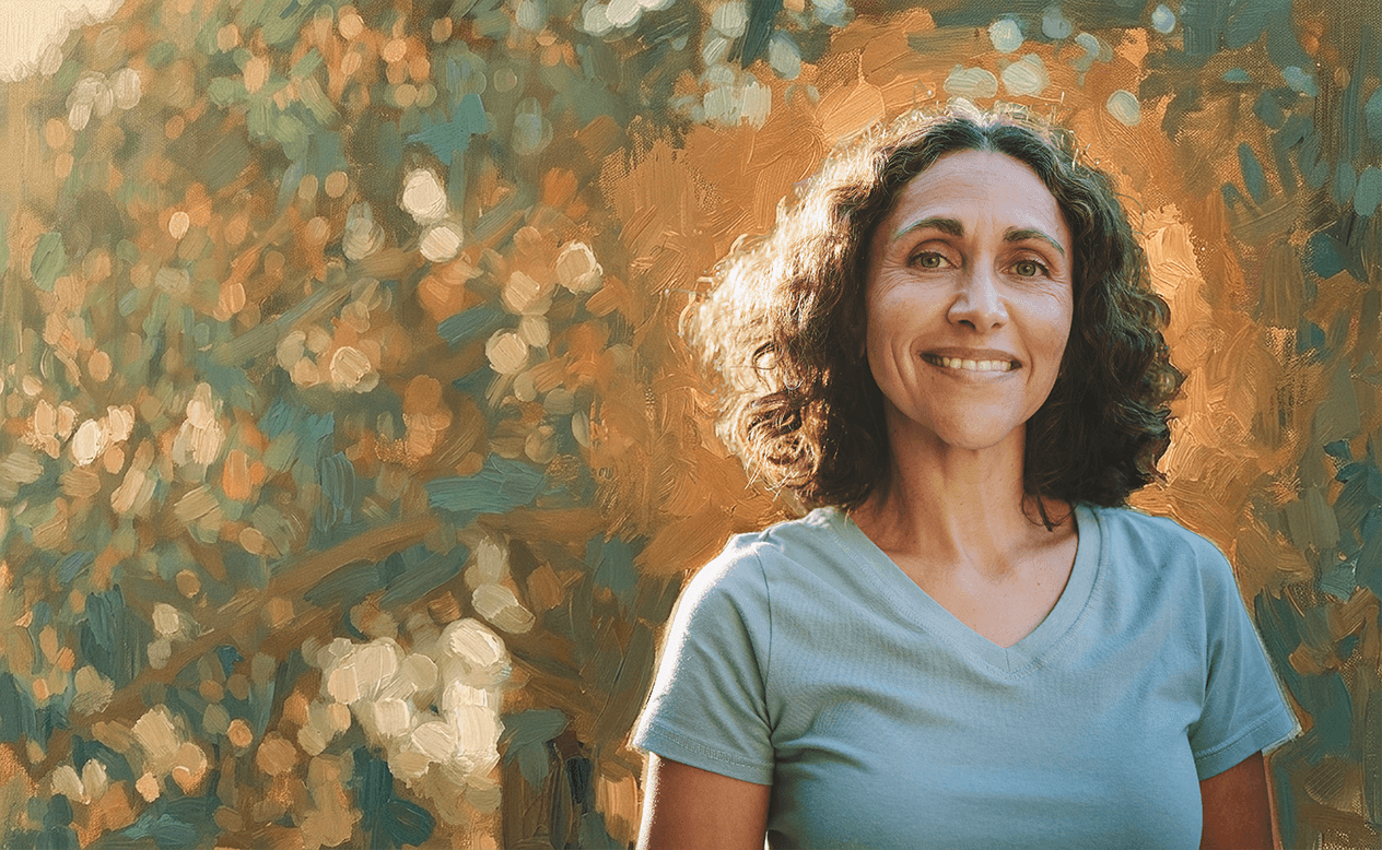 Painterly portrait of a woman in a sunlit garden