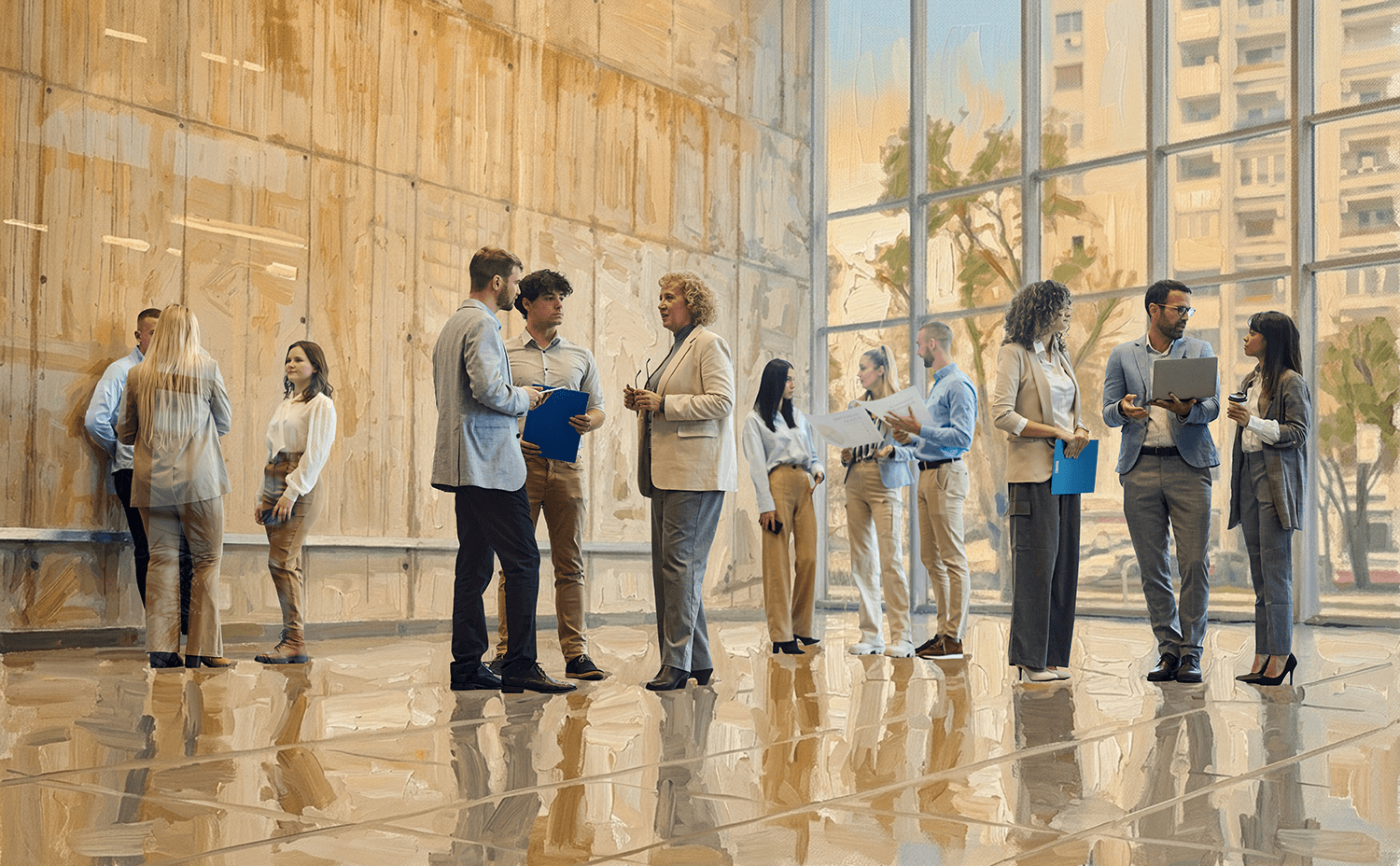 Painterly institutional lobby with people in conversation