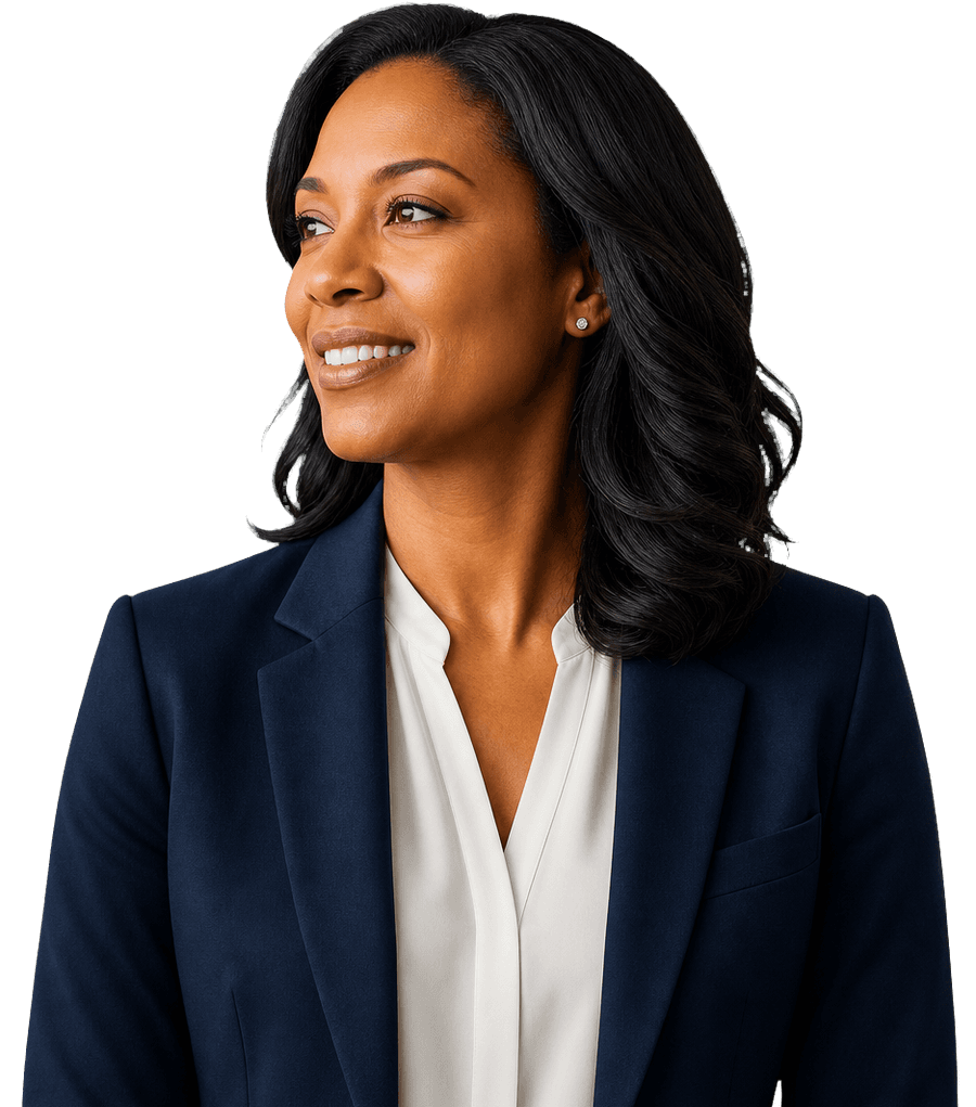African-American woman investment professional facing the section text