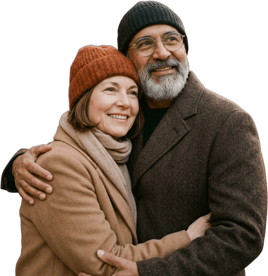 Mature couple embracing warmly in a winter evening, looking toward the future