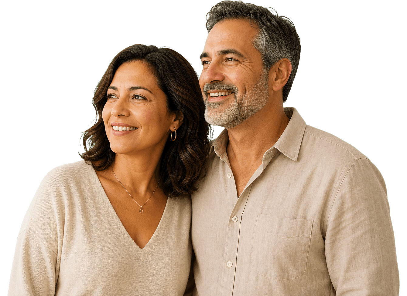 Smiling couple looking toward the conversation, used as a contact page hero portrait
