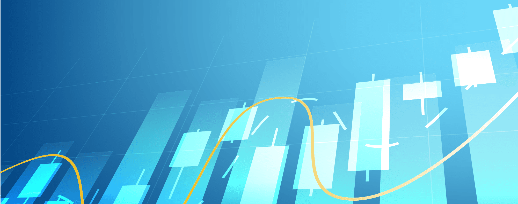 Abstract blue market chart with candlesticks and a gold trend line.
